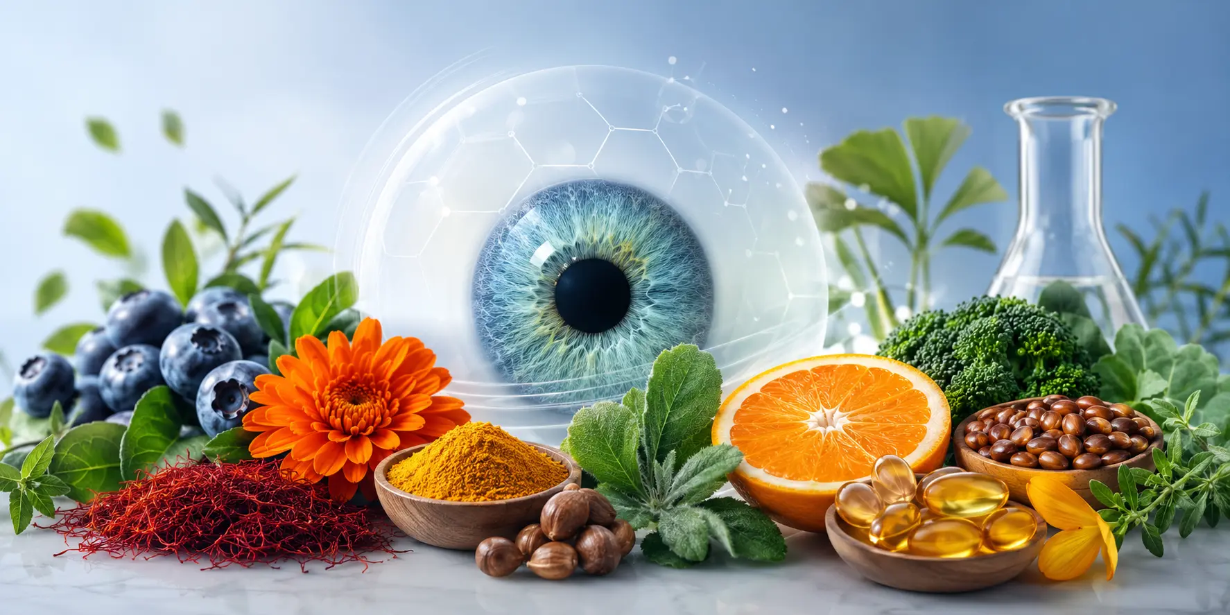 Natural ingredients in VisiFlora including lutein, bilberry, ginkgo biloba, and vitamins