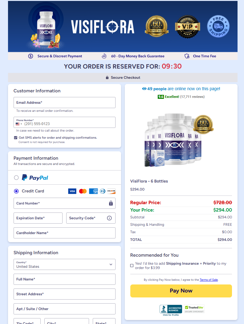 Secure checkout page for VisiFlora official website with SSL encryption